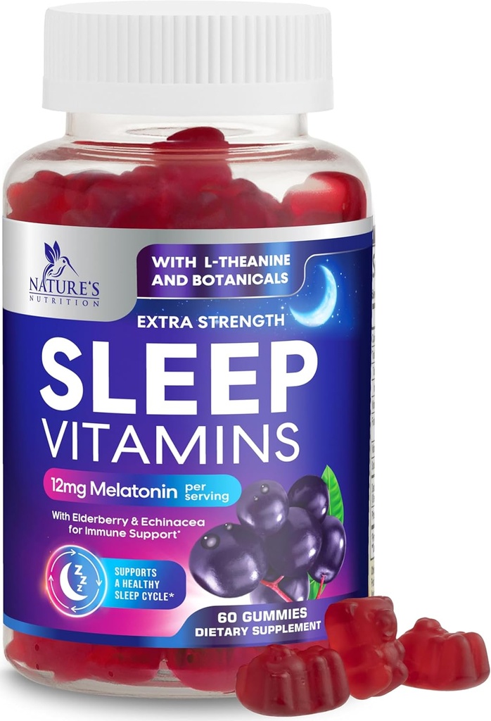 Melatonin 12 mg ile Uyku Gummies - Ekstra Güçlü Uyku Vitamini Gummy, Natural Melatonin Gummy, Occasional Sleep Support Supplement for Yetişkinler, Vegan, Non-GMO, Gomitas para Dormir - 60 Gummies