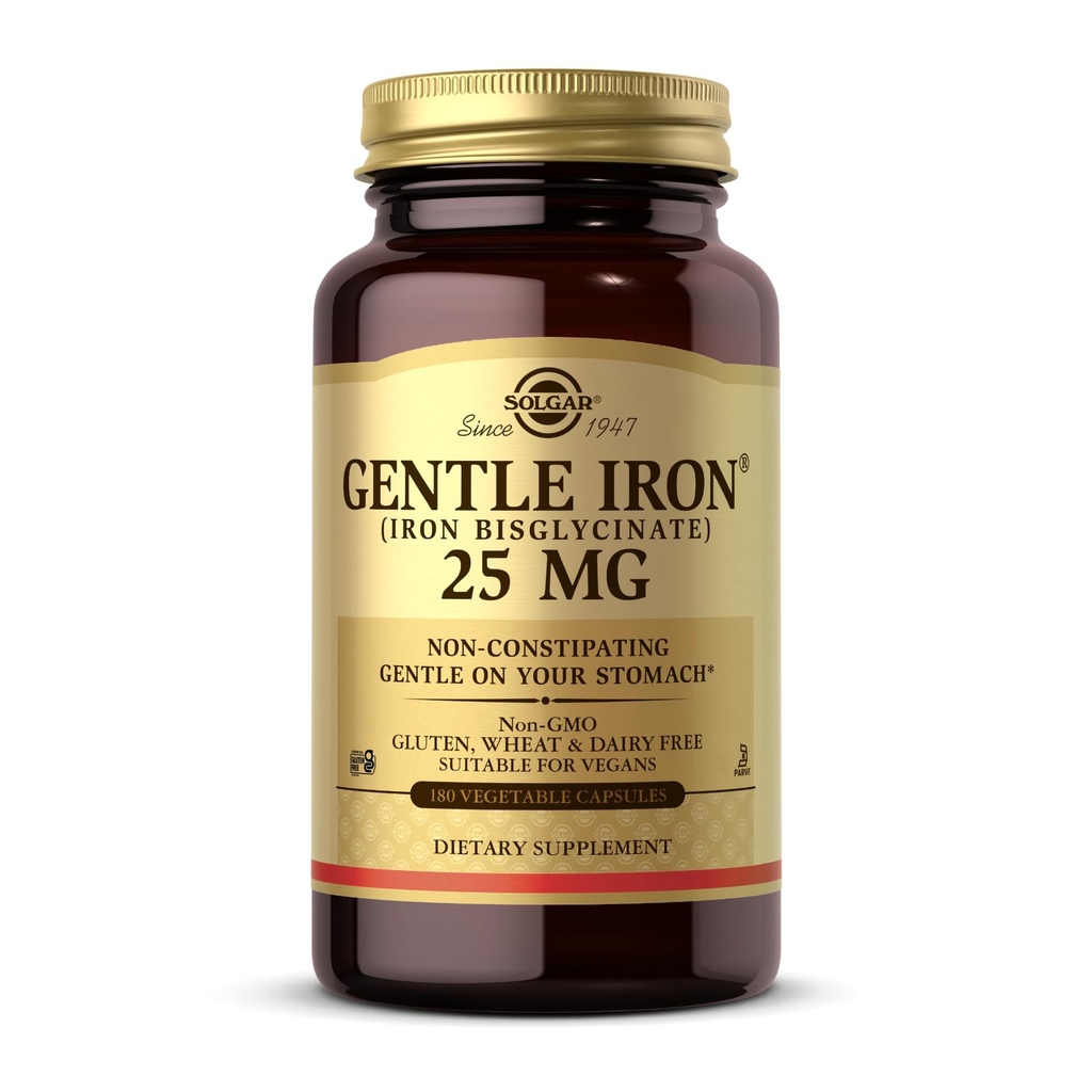 Solgar Gentle Iron (Iron Bisglycinate) 25 mg - 180 Vegetable Capsules - Non-Constipating, Gentle on Your Stomach - Non-GMO, Gluten Free - 180 Servings