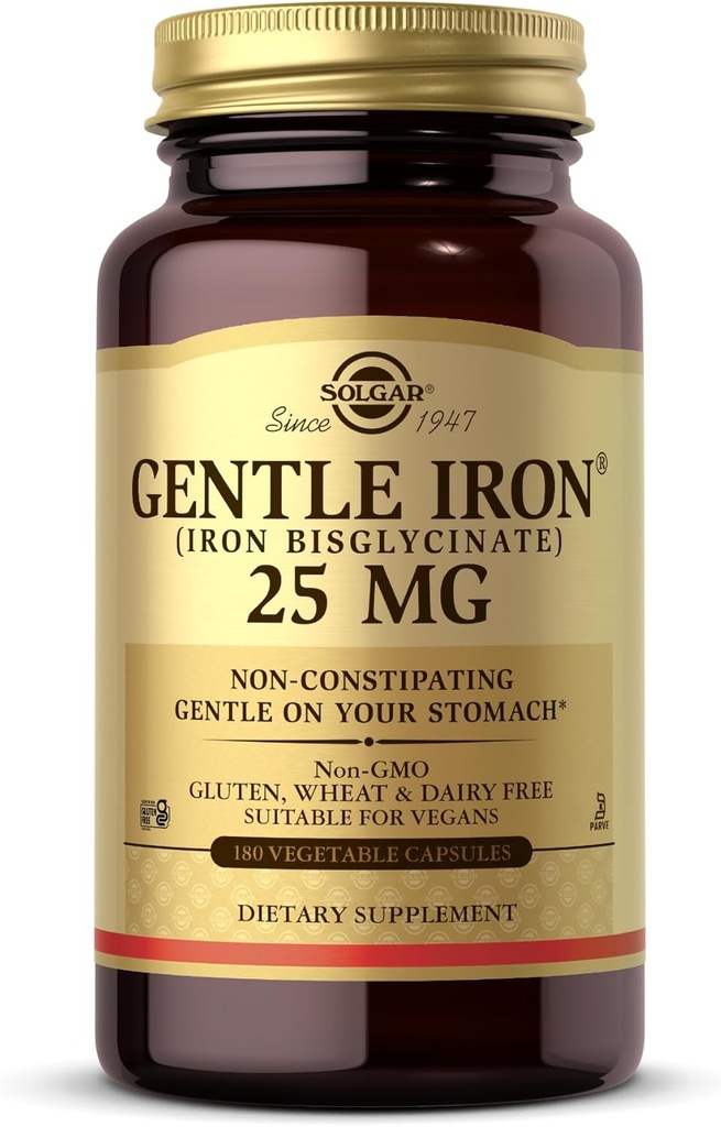 Solgar Gentle Iron (Iron Bisglycinate) 25 mg - 180 Vegetable Capsules - Non-Constipating, Gentle on Your Stomach - Non-GMO, Gluten Free - 180 Servings