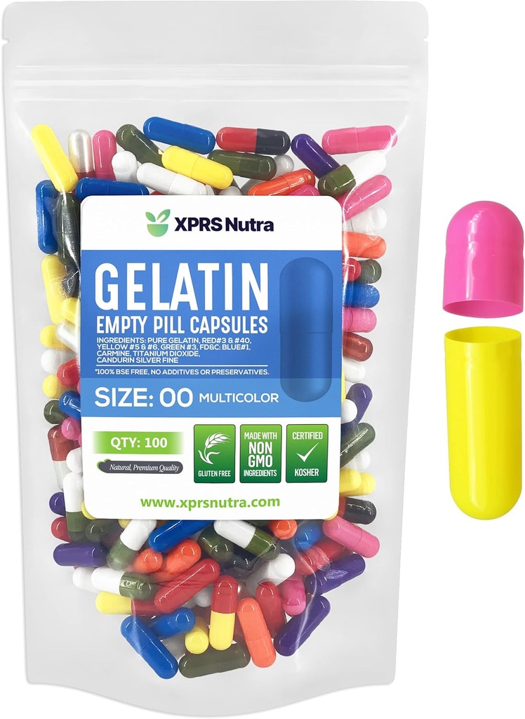XPRS Nutra Μέγεθος 00 Κενές κάψουλες - 100 Count Empty Gelatin Κάψουλες - Χάπια DIY Καψάκιο Γέμισμα - Γέμισμα χάπια Gel Caps για το Do-It-Yourself Συμπληρώματα (Multi Color)