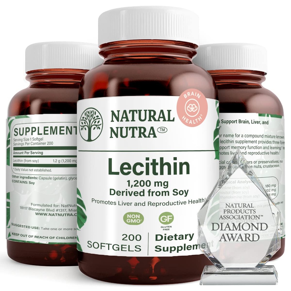Doğal Nutra Soy Lecithin 1200 mg Diyeter Supplement - Beyin Fonksiyonu, Liver Health, Procreant Health, Boosting Supplement - Gluten-Free, Honda-Free, 200 Softgels in Recyclable Glass Şişes