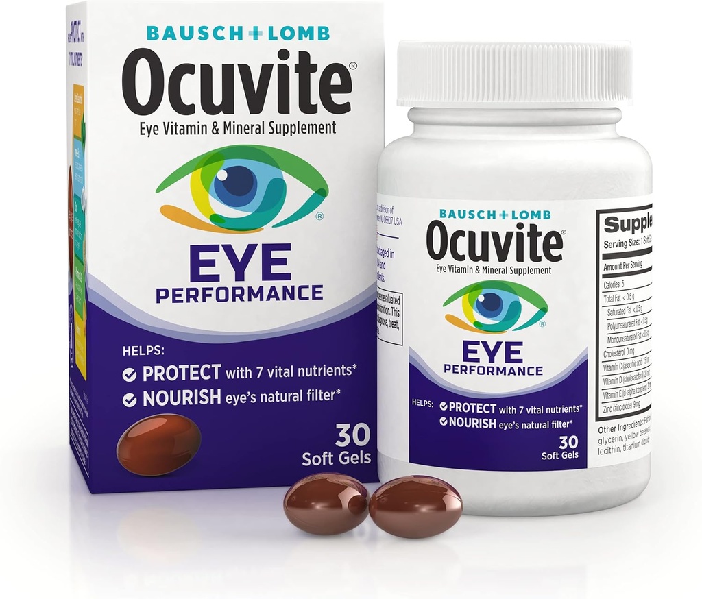 Ocuvite Eye Performance & Mineral Supplement, Lutein ve Zeaxanthin Supplements, Vitamins C, D, E, çinko ve Omega-3, Güneş ve Blue Light'dan Göz Korumaya Yardım, 30 Softgels