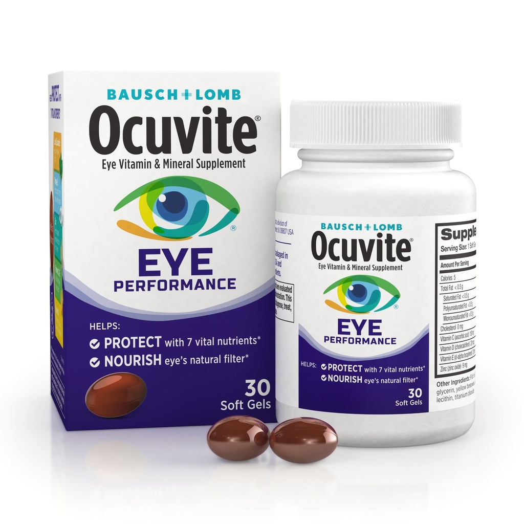 Ocuvite Eye Performance Vitamin & Mineral Supplement, Lutein και Zeaxanthin Συμπληρώματα, Βιταμίνες C, D, E, Ψευδάργυρος, και Omega-3, βοηθά στην προστασία των ματιών από τον ήλιο και το μπλε φως, 30 Softgels