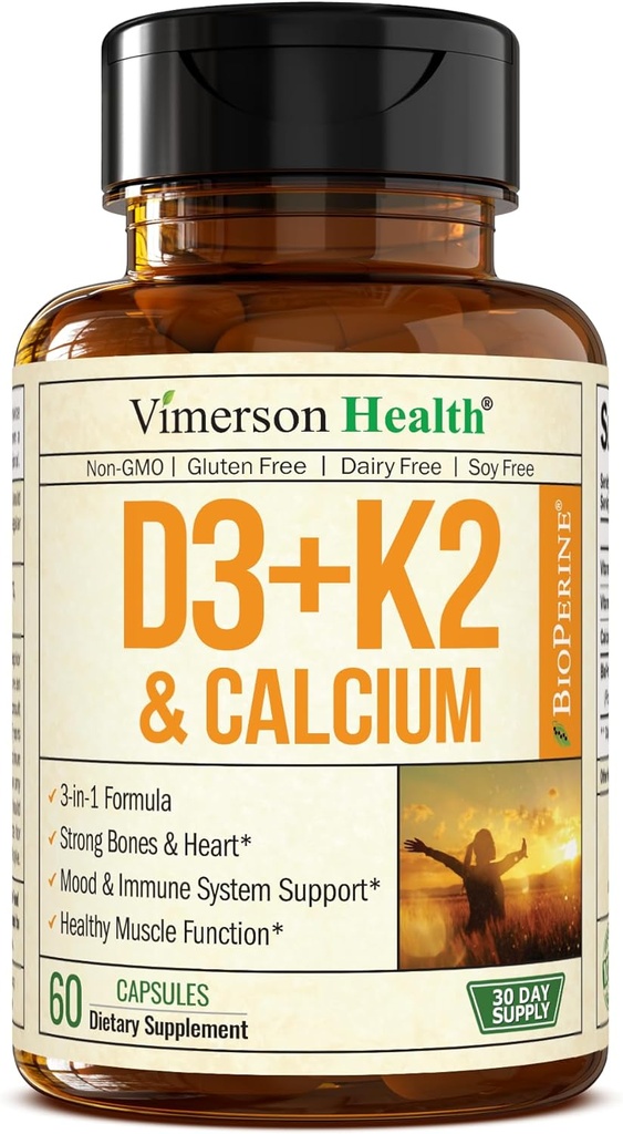 D3 K2 5000 IU Supplement - Vitamin D + Vitamin K2 ( MK7) + Kalsiyum - Immune, Bone & Heart Health - K2 D3 Vitamini Max Aborps için Siyah Pepper ile takviye - 60 Caps