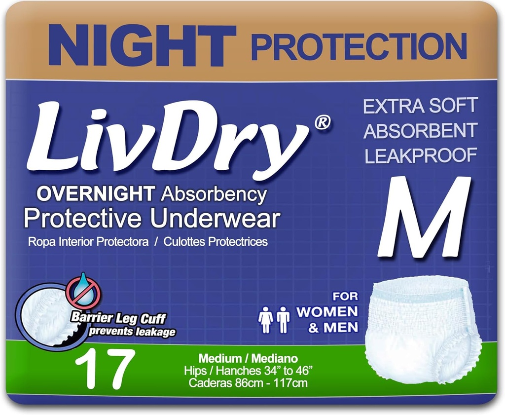 LivDry Yetişkin M Incontinence Underwear, Overnight Comfort Absorbency, Leak Protection, Medium, 17-Pack