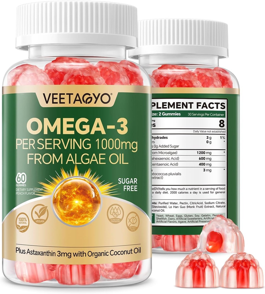 Vegan Omega 3 Gummies 1200mg - Dual Layer - Fish Oil Alternative, Marine Algae Omega 3 Supplement DHA 600mg, EPA 400mg with Astaxanthin,Sugar Free,60 Cts