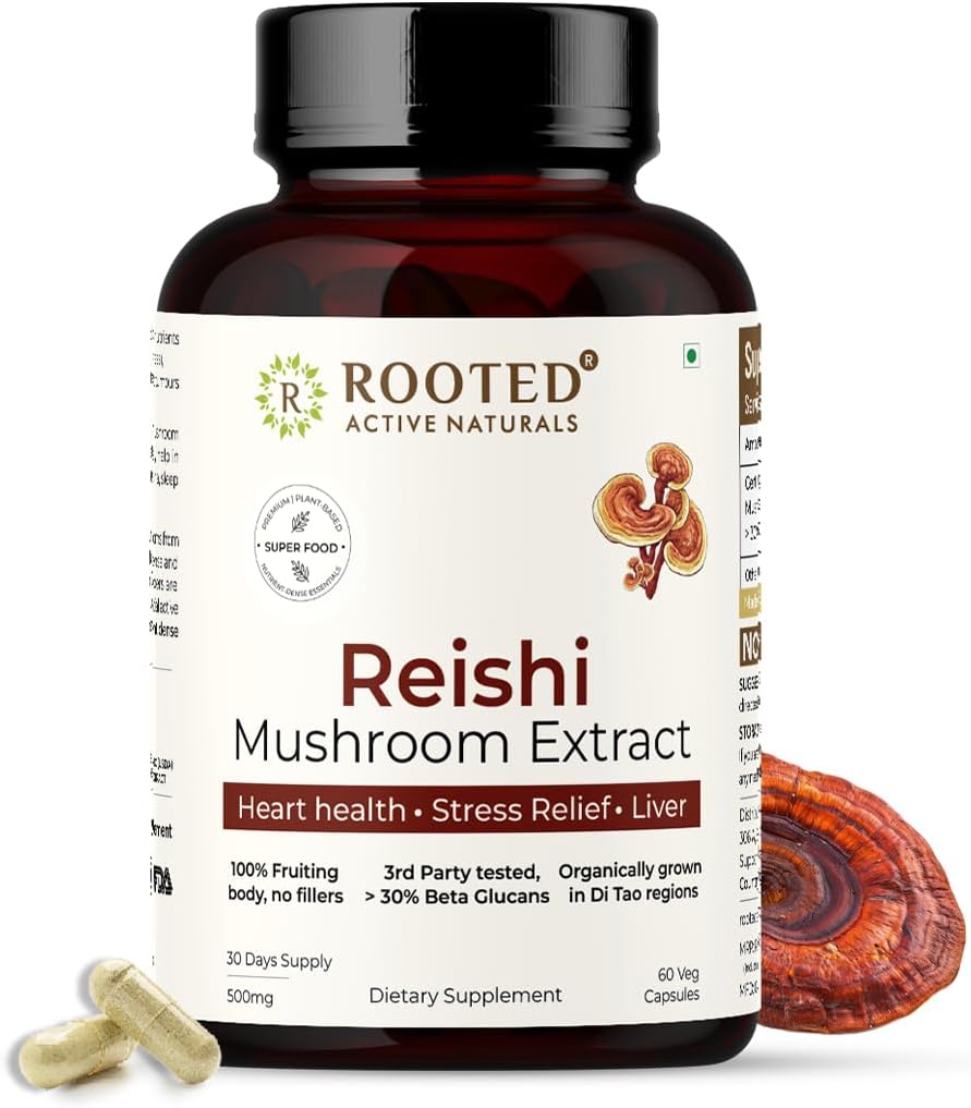 ROOTED Reishi Mushroom Extract Capsules (60 Veg Caps, 500 mg) | Kalp Sağlığı, Stres Yardımı, Liver. USDA Organik,% 30 Beta Glucans, Sertifikalı Organik Organik Organik,% 30 Beta Glucans