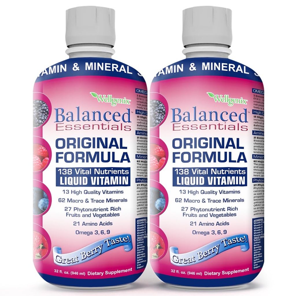 Wellgenix Balanced Essentials Plus New Formula - Berry Flavor 32oz ( 2) - Sıvı Vitamini - Çokvitamin Tamamı - Immune Boosting & General Health - Yetişkinler, Çocuklar, Toddlerss