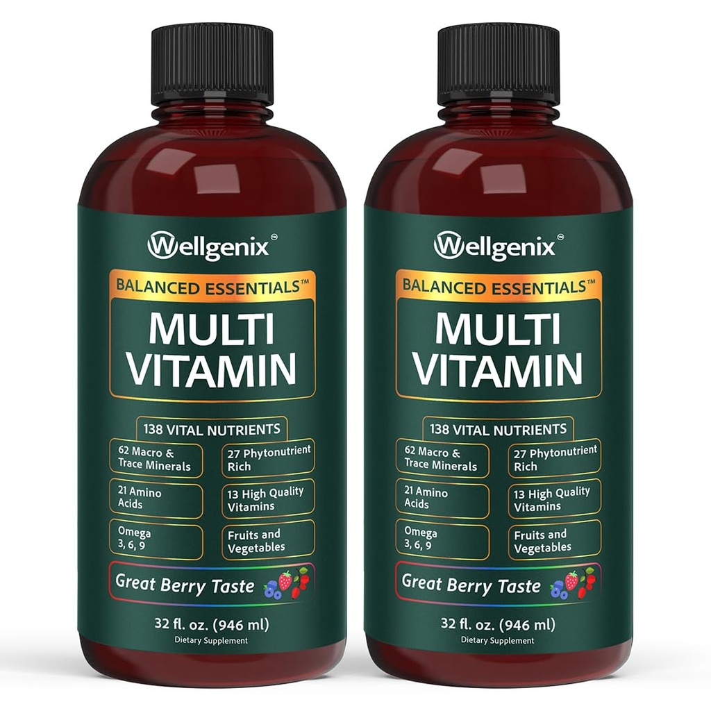 Wellgenix Balanced Essentials Plus New Formula - Berry Flavor 32oz ( 2) - Sıvı Vitamini - Çokvitamin Tamamı - Immune Boosting & General Health - Yetişkinler, Çocuklar, Toddlerss