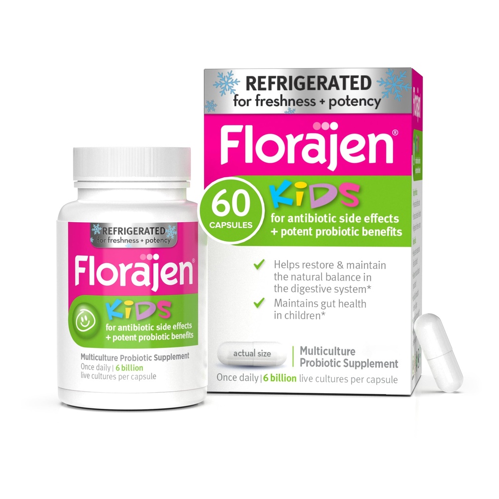 Florajen Çocuklar Probiyotik - Daily Gut & Immune Support for Children 6 Ay & Up - Constipation, Bloating, & Digestive Relief - Re coolerated for Freshness & Potency - 60 Capsules