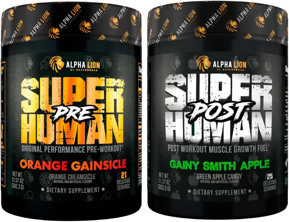 ALPHA LION Superhuman Pre Workout Toz & Post Workout Recovery Sche, Sustained Energy & Focus + Lean Muscle Growth, Strength & Volume (Hulk Juice & Winy Smith Apple)