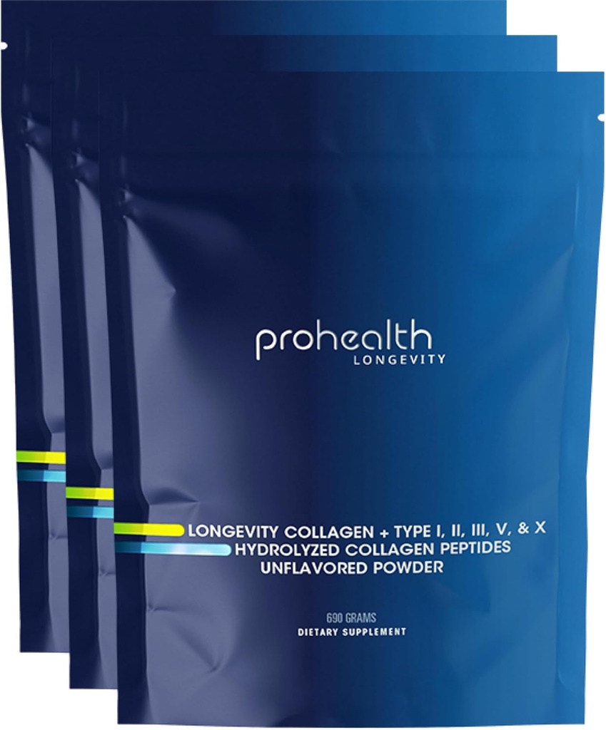 ProHealth Longevity Collagen. Toz - 40. 20g Multi Collagen. 2g Pro-Collagen. Hyaluronic Acid. Tip I, II, III, V, X for Commons, Bones, Hair, Skin, Muscles, Gut - (3 Pack)