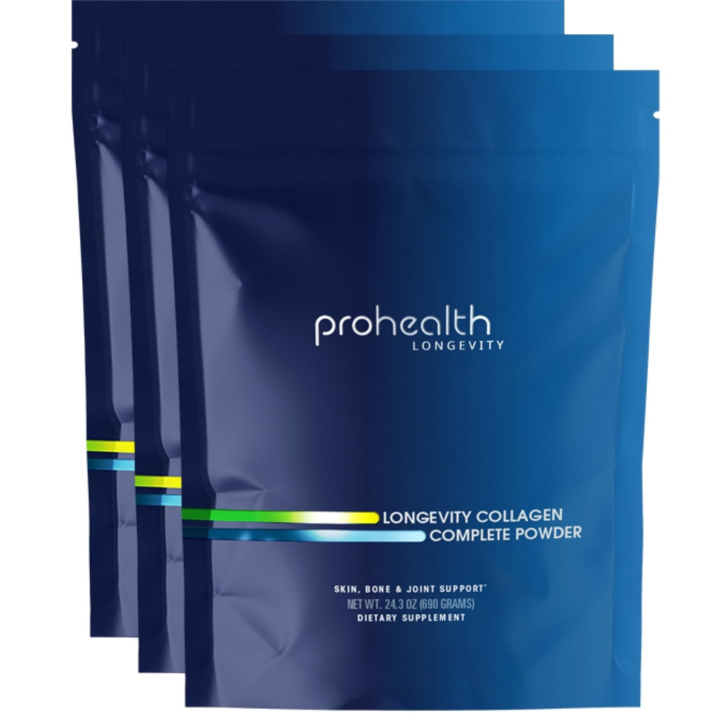 ProHealth Longevity Collagen. Toz - 40. 20g Multi Collagen. 2g Pro-Collagen. Hyaluronic Acid. Tip I, II, III, V, X for Commons, Bones, Hair, Skin, Muscles, Gut - (3 Pack)