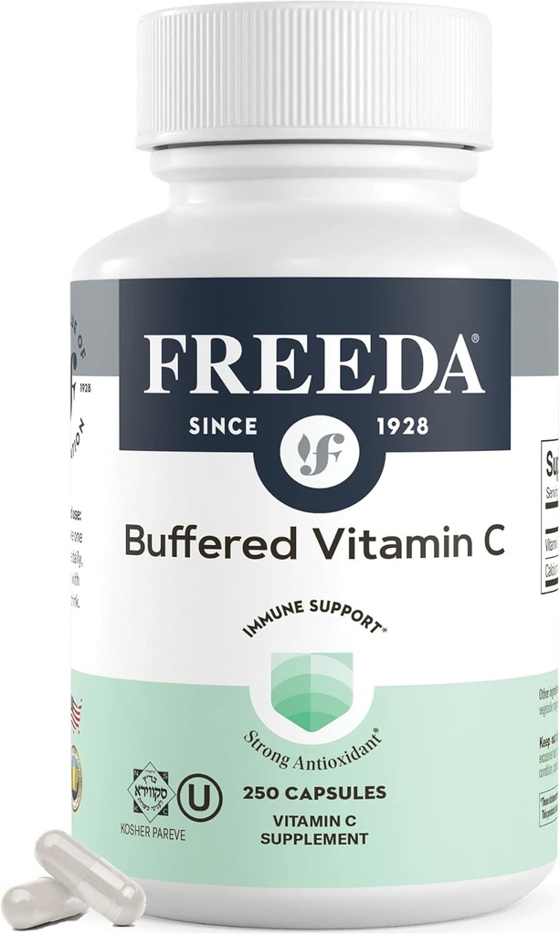 FREEDA Vitamin C - Buffered Vitamin C 500mg - Kosher - Ισχυρή Αντιοξειδωτική Ανοσολογική Υποστήριξη - Ευαίσθητες Στομαχικές Βιταμίνες C Κάψουλες Ασβέστιο Ασκορβικό - Βιταμίνη C 500 mg - Συμπλήρωμα VIT C (250 Count)
