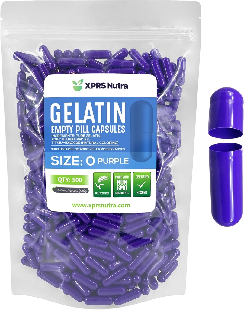XPRS Nutra Μέγεθος 0 Κενές κάψουλες - 500 Count Empty Gelatin Κάψουλες - Χάπια DIY Καψάκιο Γέμισμα - Καθαρά καπάκια τζελ Μπόβιν Χάπι για Do-It-Yourself Συμπληρώματα (Purple)