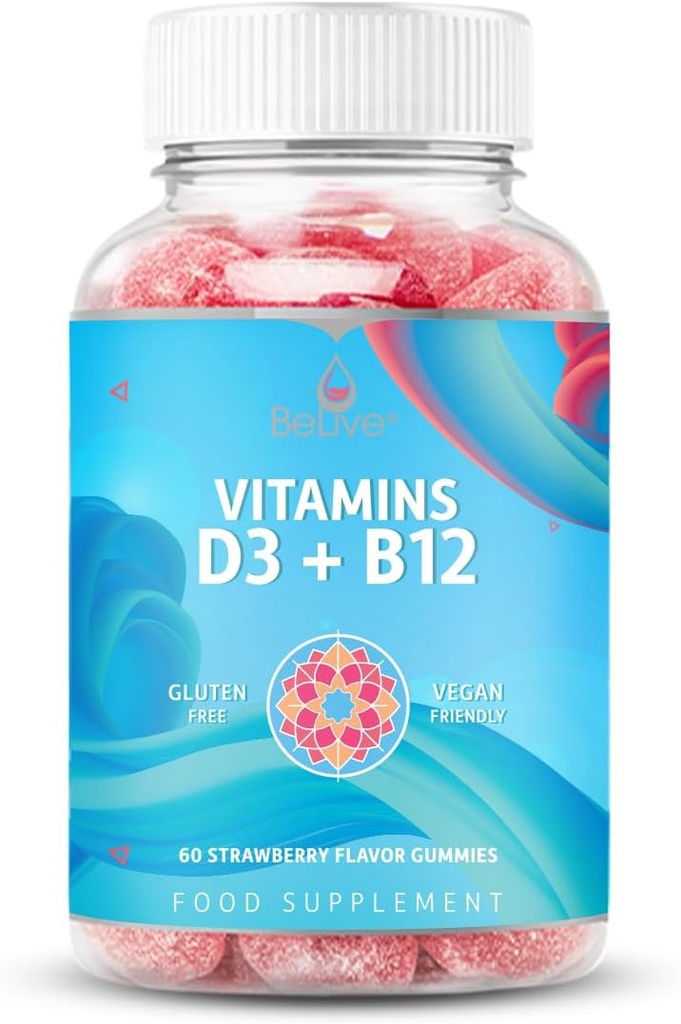 B12 Vitamini D3 Gummies with B12 Vitamins - 60 Ct Immune Support Gummies with Vegan Vitamin B12 & D3, Sağlanan Bone & Muscle Strength, Hearth Health ve Energy - Strawberry Flavor
