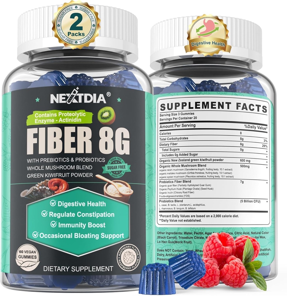Sugar Free Prebiyotik Fiber Supplement for Women & Men | 8G High Fiber Gummies with Mushroom,Psyllium Husk, Digestive Enzymes, Guar Gum, Inulin to Support Gut & Digestive Health |120 Vegan Gummies