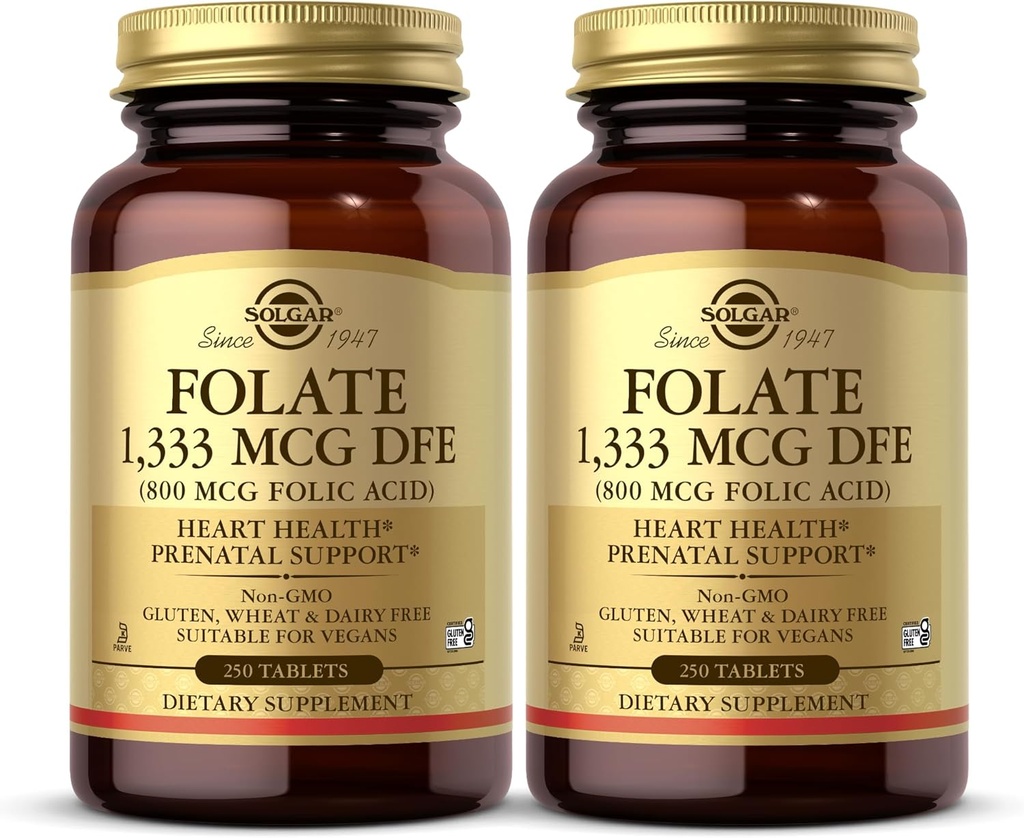 Solgar Folate 1,333 mcg DFE (Folic Acid 800 mcg) - 250 Tablet, 2 Paket - Prenatal Destek - Non-GMO, Vegan, Gluten Free, Dairy Free, Kosher - 500 Toplam Hizmetler