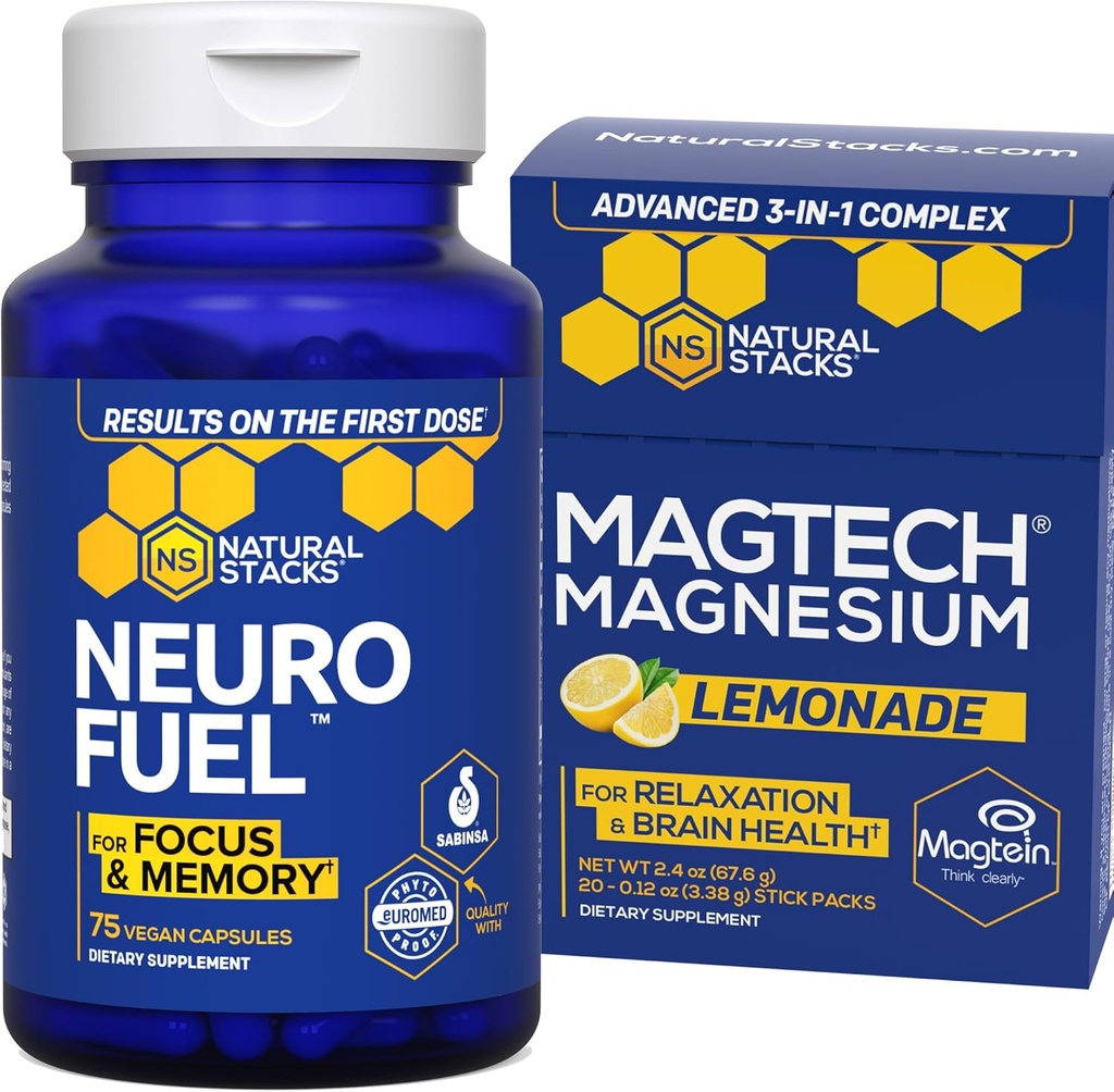 NATURAL STACKS MagTech Magnezyum Lemonade + NöroFuel Nootropic Sche - Destekler Focus & Brain Health* - 45 Toplam Hizmetler