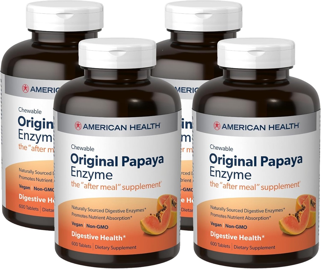 American Health Original Papaya Enzyme - 600 Chewable Tabletler, 4 Paket - After-Meal Supplement - Non-GMO, Vegan - 800 Toplam Hizmet