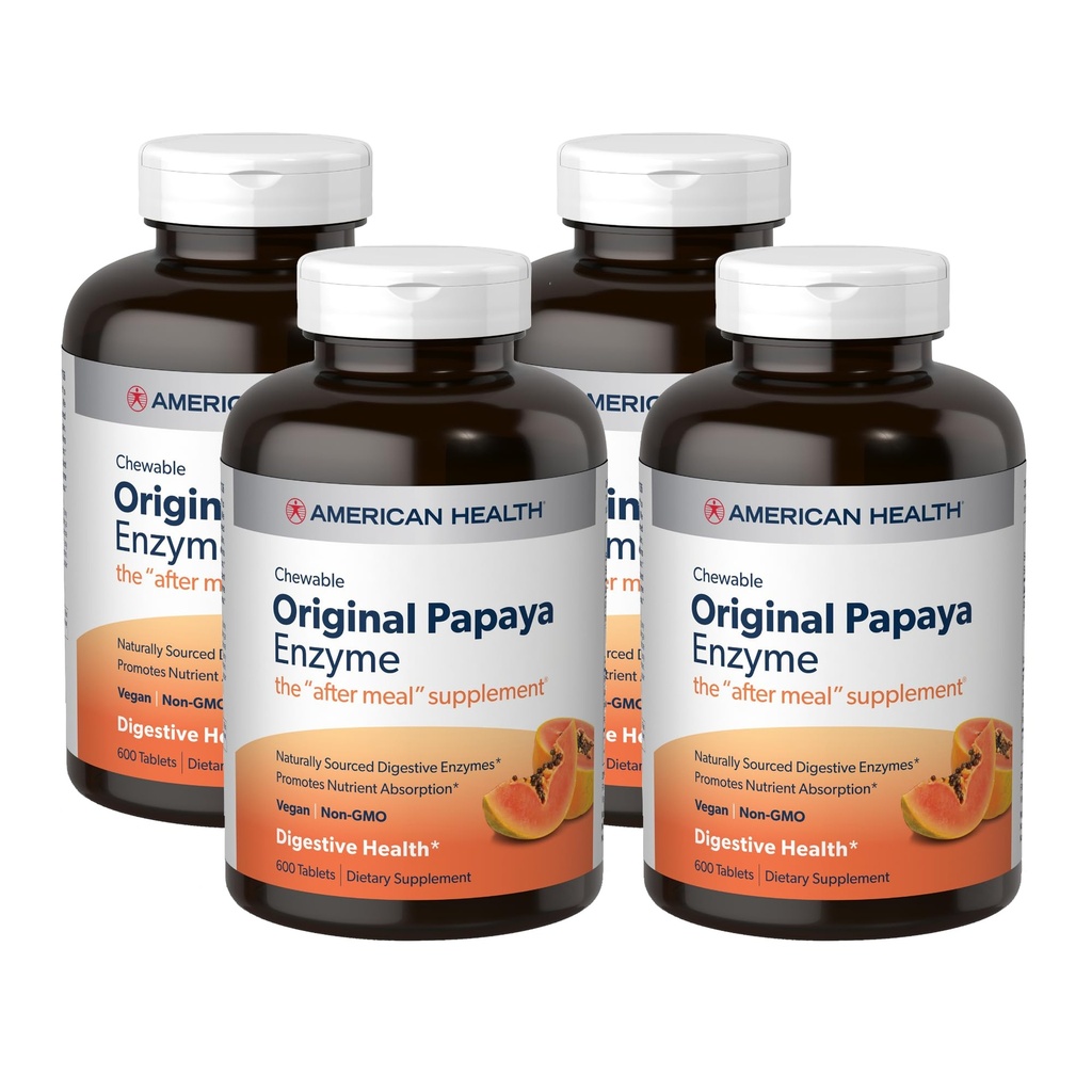 American Health Original Papaya Enzyme - 600 Chewable Tabletler, 4 Paket - After-Meal Supplement - Non-GMO, Vegan - 800 Toplam Hizmet