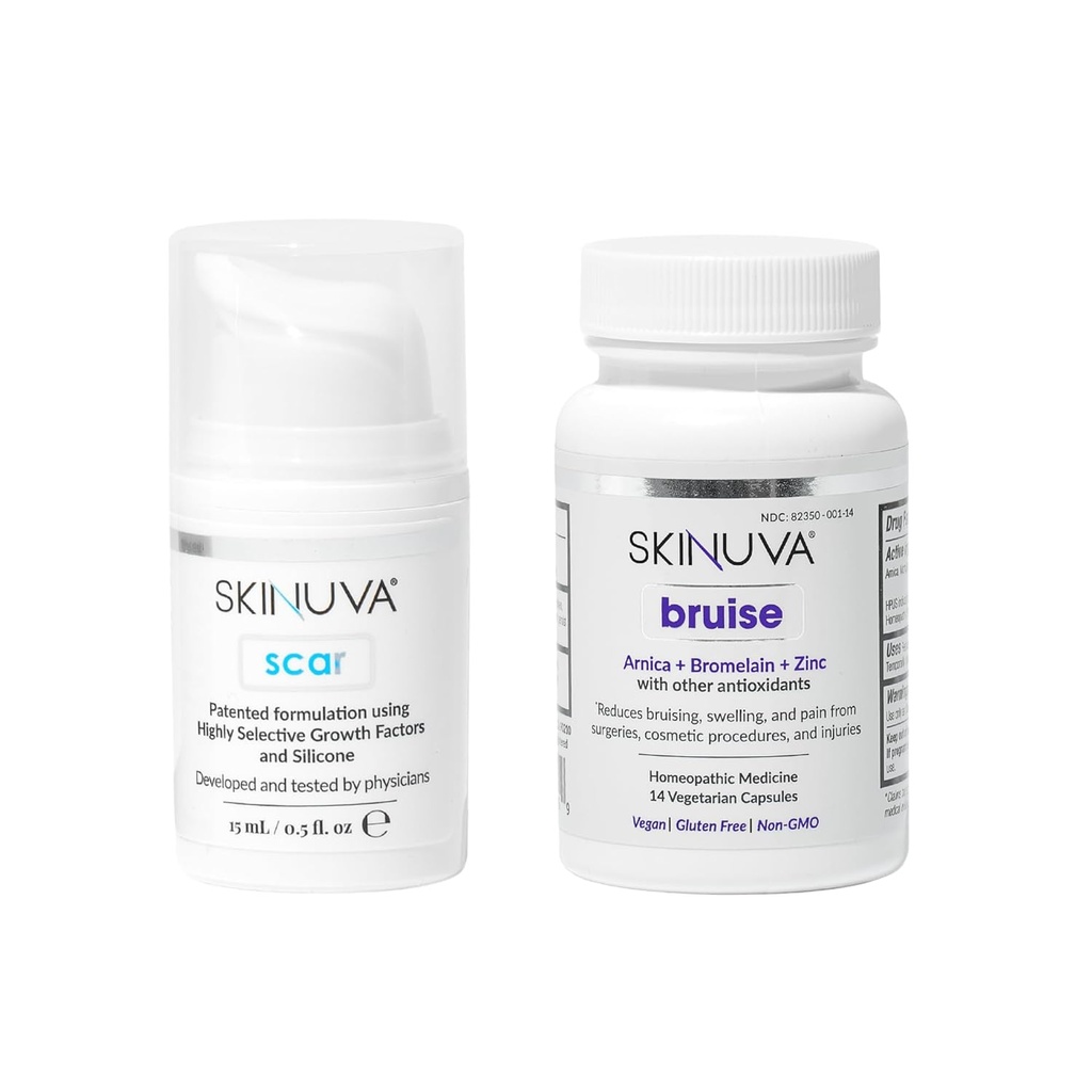 Skinuva® Scar (0.5 oz) & Bruise (14 kapsül) - Gelişmiş Silikon Kremi Büyüme Faktörleri ve Homeopathic Bruise Remedy Formulated with Arnica, Bromelain & Bora