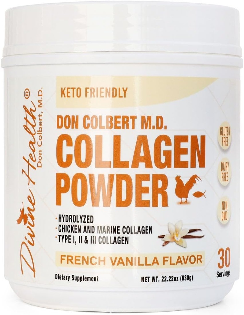 Dr. Colbert, MD Hydrolyzed Collagen Toz | Vanilla Flavor | İlahi Sağlık | Tip I, II, III Chicken & Marine Collagen, | Destek Saç, Skin, Nails & Ortaklar | 630g | 30 Hizmet