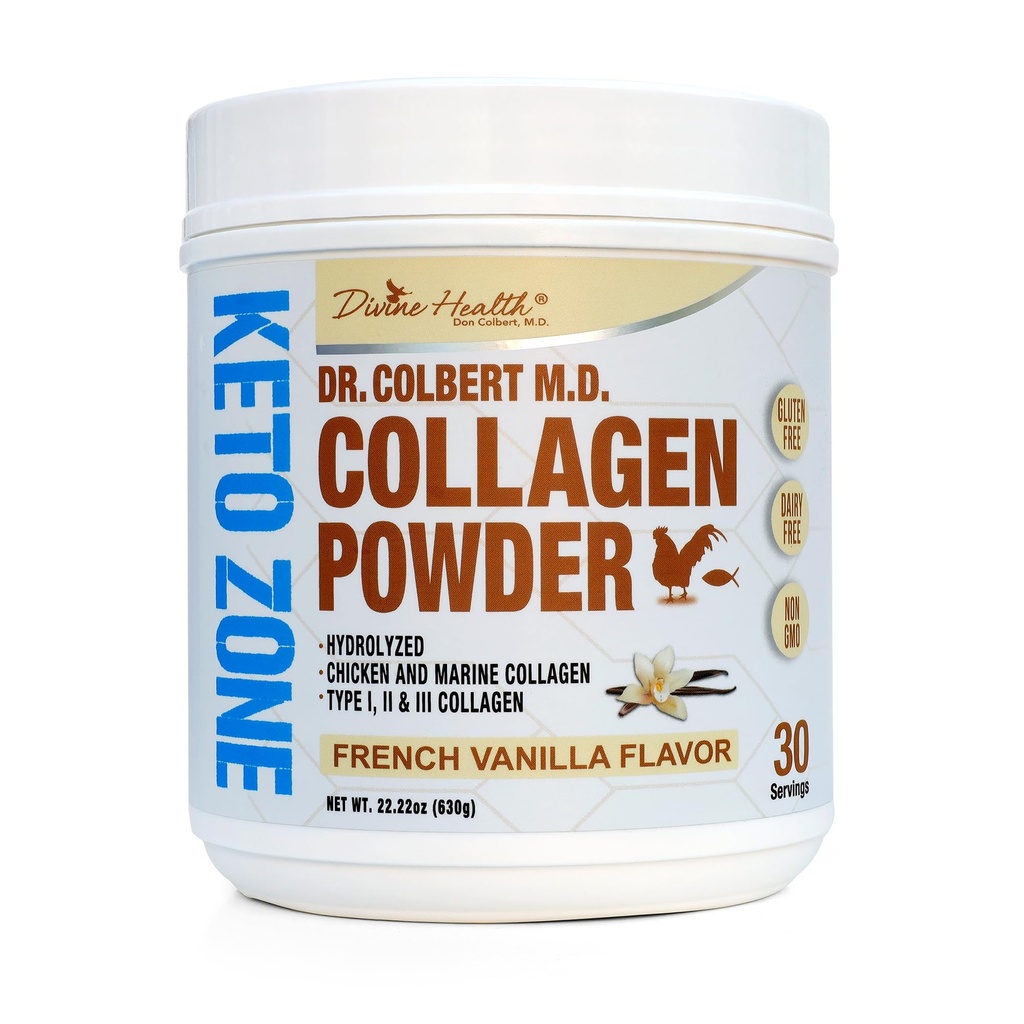Dr. Colbert, MD Hydrolyzed Collagen Toz | Vanilla Flavor | İlahi Sağlık | Tip I, II, III Chicken & Marine Collagen, | Destek Saç, Skin, Nails & Ortaklar | 630g | 30 Hizmet