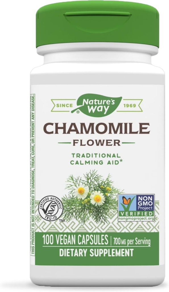 Nature's Way Χαμομήλι Λουλούδι - 700 mg ανά 2-Κάψουλα Σερβίρισμα- Παραδοσιακό Βοηθητικό Ηρεμισμού* - Συμπλήρωμα βοτάνων - Μη ΓΤΟ Πρόγραμμα Επαληθευμένο & Χωρίς Γλουτένη - 100 Κάψουλες Vegan