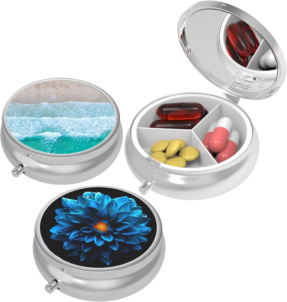 Küçük Pill Box,Pill Case for Purse&Pocket,3 Karşılaştırma Seyahat Pill Vaka İlaçları Vitaminler, Pills, Fish Oil ve Earrings, Studs,Bronze-Pink Sarı Çiçek