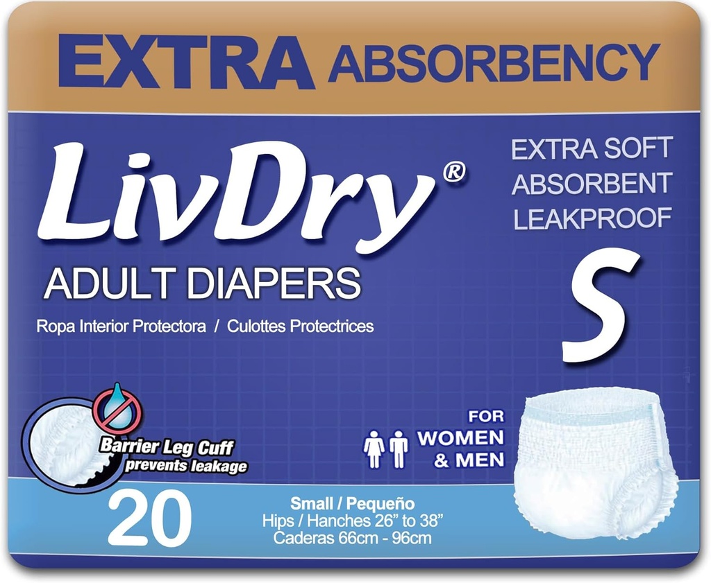 LivDry Adult Incontinence Underwear, Ekstra Absorbency Adult Diapers, Leak Protection, Small, 20Pack