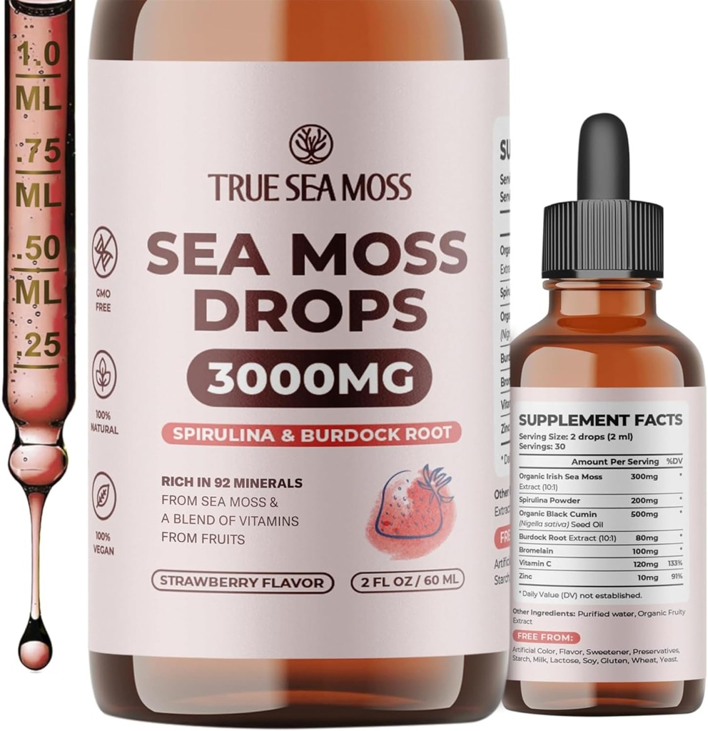 TrueSeaMoss Ιρλανδικές σταγόνες Μος της Θάλασσας - 5X ισχυρότερη από τη θάλασσα Moss Gel - 92+ Essentials Minerals - με Spirulina σε σκόνη, Burdock Root & Black Cumin - 2 Fl Oz (60ml) - Γεύση Φράουλας