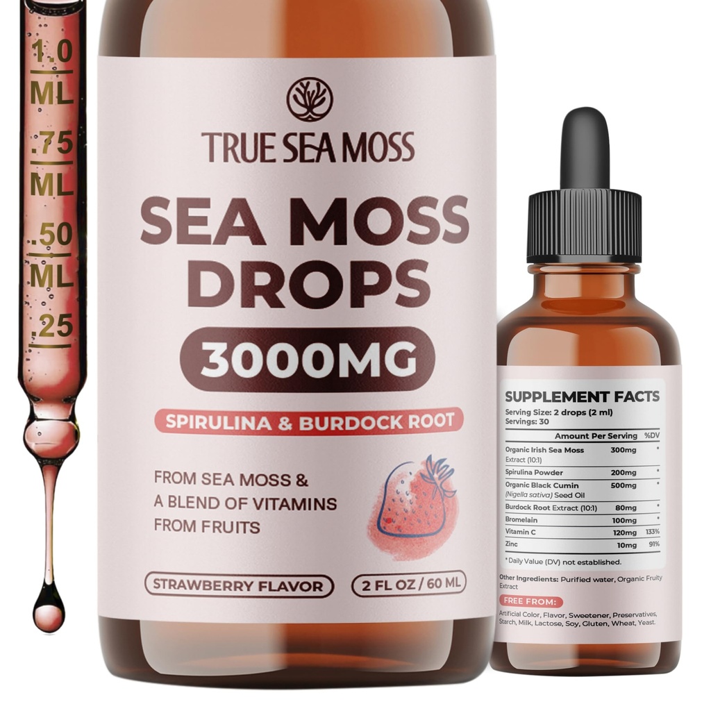 TrueSeaMoss Irish Sea Moss Drops - Sea Moss Gel'den 5X Güçlü Essentials Minerals - Spirulina Toz, Burdock Root & Black Cumin - 2 Fl Oz (60 ml) - Strawberry Flavor