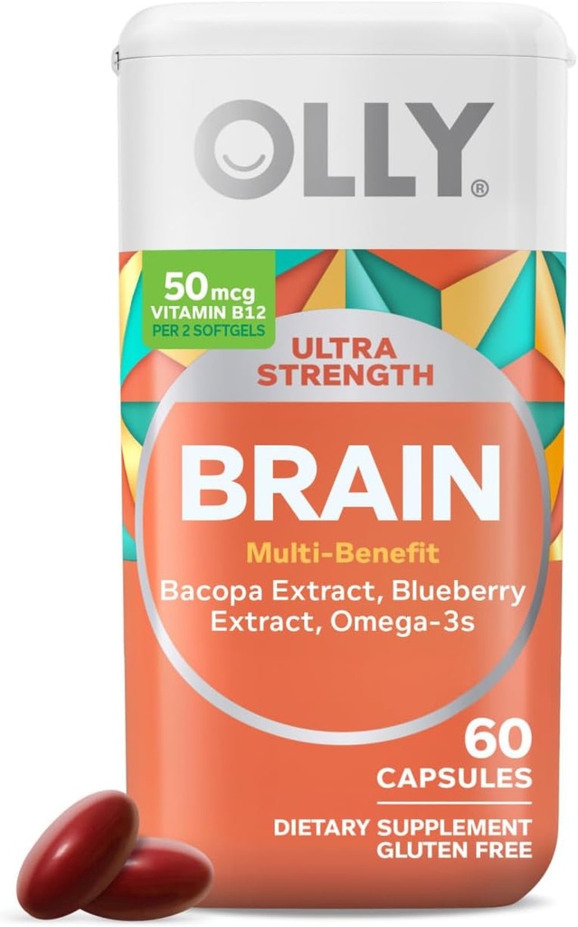 OLLY Ultra Strength Brain Softgels, Nootropic, Supports Health Brain Function, Memory, Focus and Concentration, Omega-3s, Vitamins B6 ve B12, 30 Day Supply - 60 Count