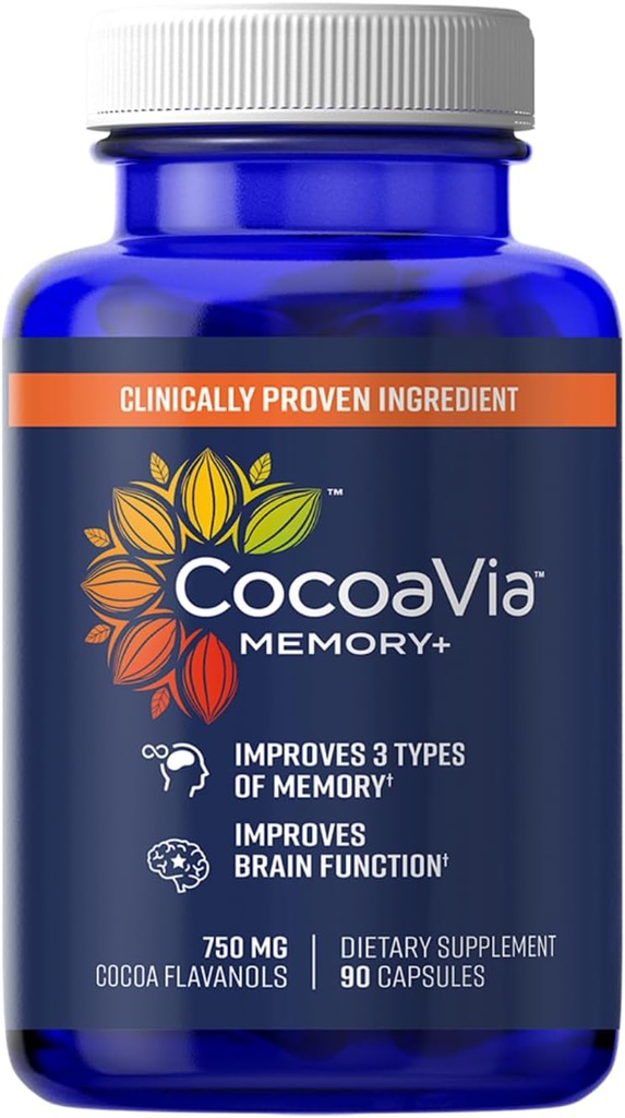 CocoaVia Memory+ Brain Supplement, Klinik Olarak Proven Memory ve Brain ATM, Plantive Supplement, Sugar Free, Gluten Free, Vegan, 750 mg Cocoa Flavanols Capsules, 30 Day Supply
