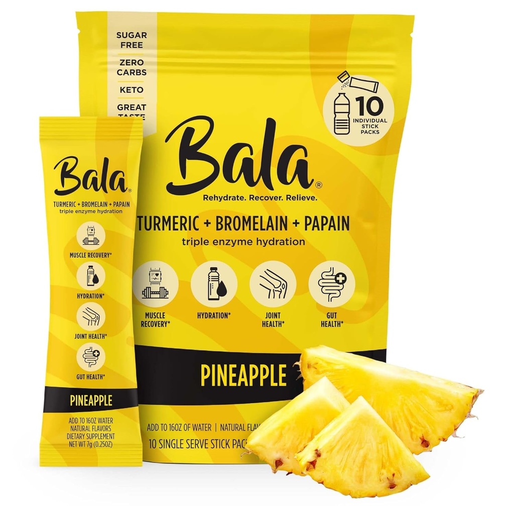 Bala Enzyme Hydration & Sugar-Free Drink Mix - Κουρκουμάς, Bromelain, Papain, Ανοσία, Κινητικότητα - Ανανάς 0,25oz (10 κόμης)