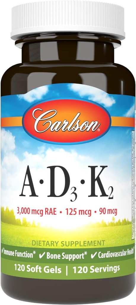 Carlson - Vitamins A, D3, K2, 3000 mcg RAE Vitamin A, 125 mcg Vitamin D3, 90 mcg Vitamin K2 as MK-7, Bone Building, Calcium Utilization, 120 Soft Gels