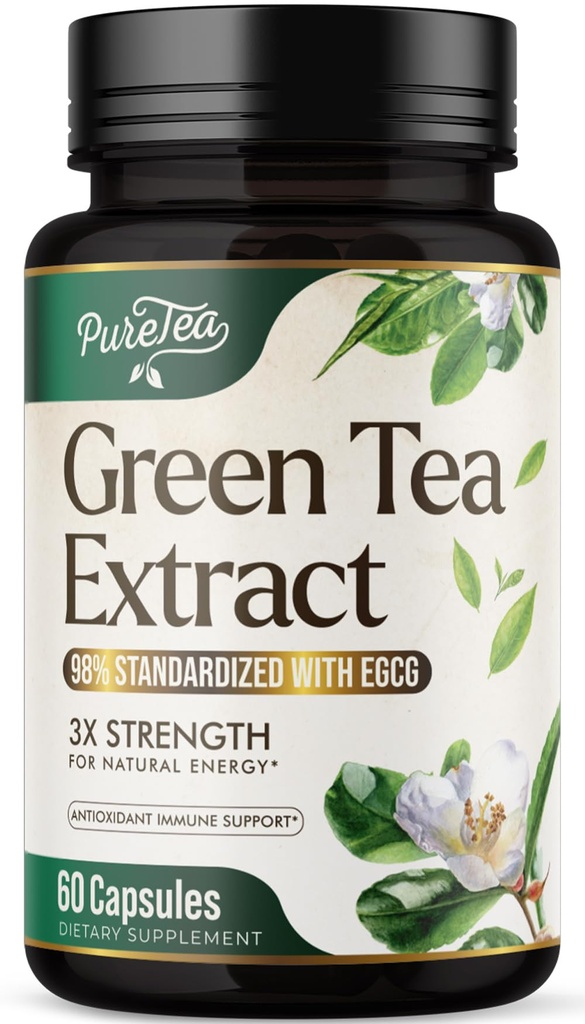 Green Tea Extract Capsules 1000 mg with 45% EGCG & 98 Polifenols for Heart Support with Antioksis - 3X Abxia Green Tea Pills Supplement for Natural Energy, Gentle Caffeine - 60 Capsules