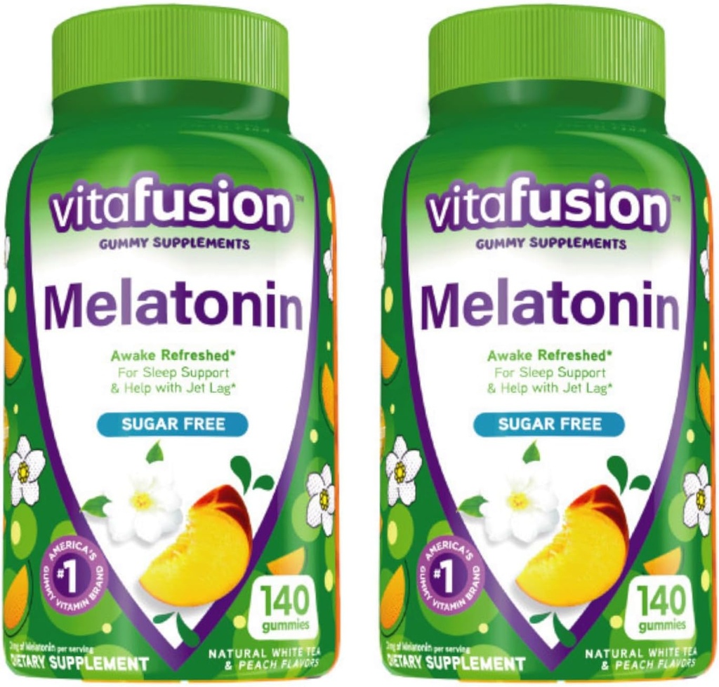 Vitafüzyon 3 mg Melatonin Gummy Supplement, Awake Yenilendi, Sleep Support & Jet Lag Aid, Sugar-Free, Diyetary Supplement, Natural White Tea & Peach Flavors, 140 Count (Pack of 2)