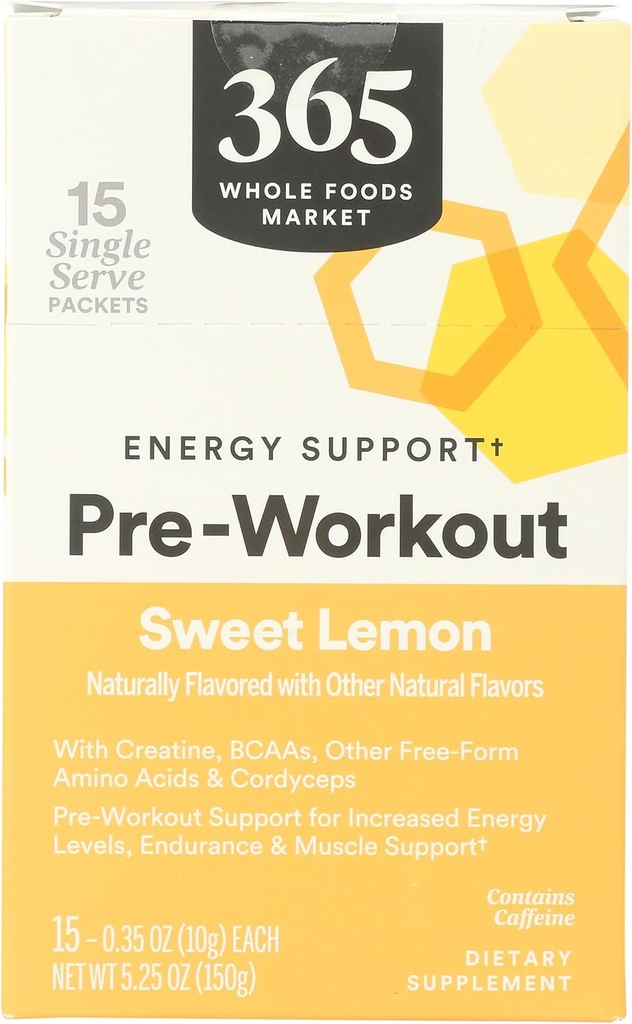 365 by Whole Foods Market, Pre-Workout Energy Support with Caffeine, Single-Serve Packets, Sweet Lemon, 15 Counte