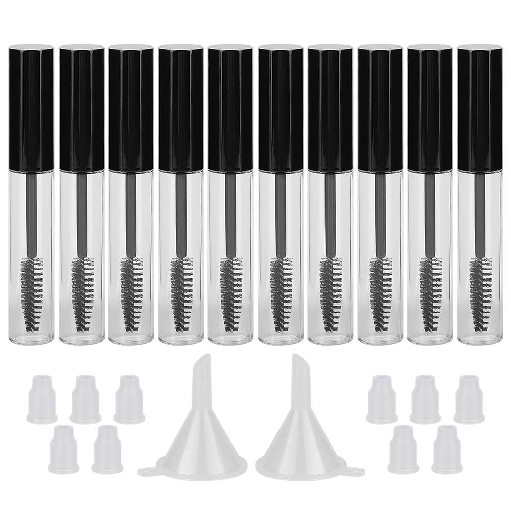 GTHER 10PCS 10ML άδειο μπουκάλι σωλήνα Mascara με το ραβδί βλεφαρίδες, τα ελαστικά εισαγωγής & χωνιά που για Castor Oil / Growth Oil, DIY Cream Container με καπάκι, μαύρο