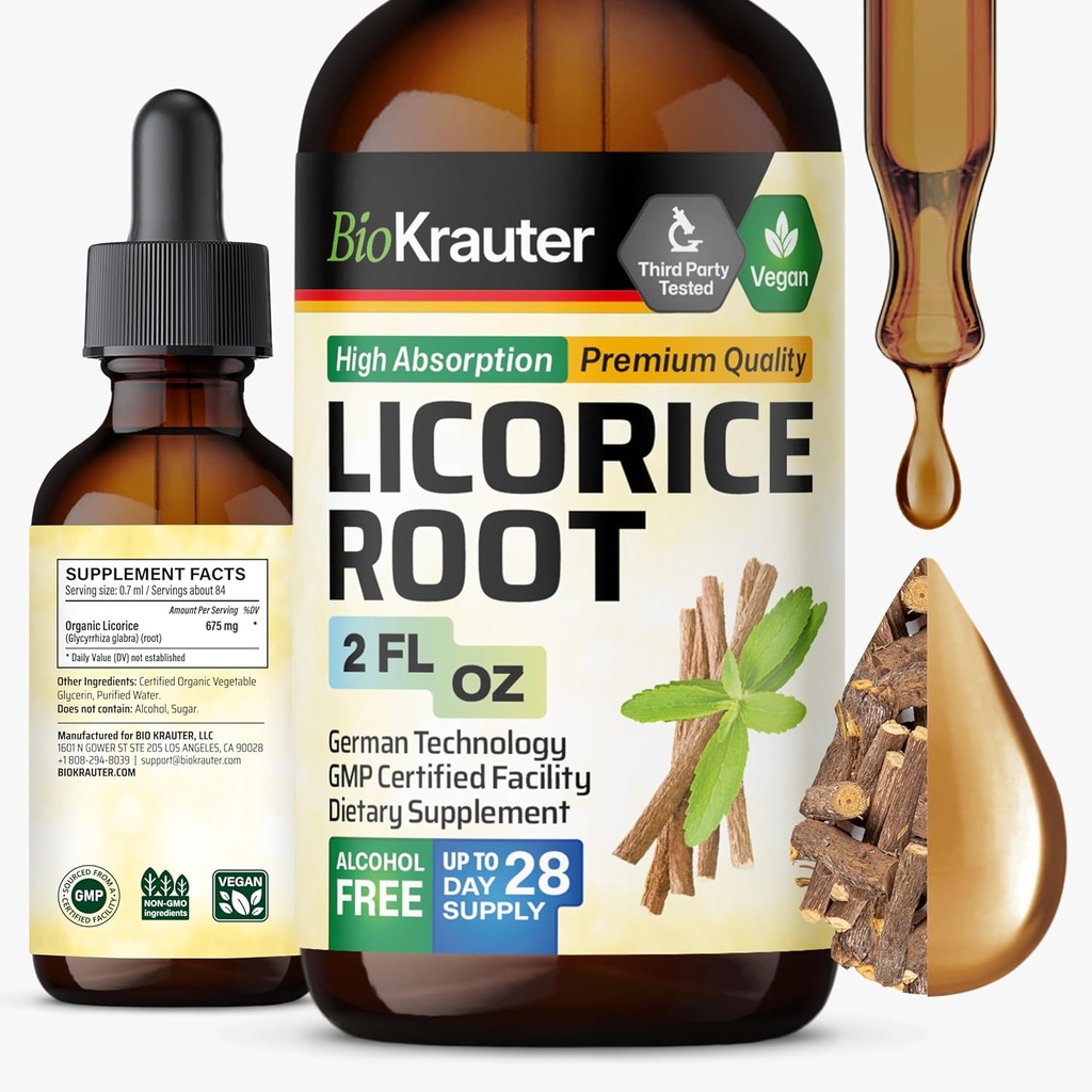 BIO KRAUTER Licorice Root Tincture - Digestive Support - Alkol ve Şeker Free - Vegan Drops 2 Fl.Oz.