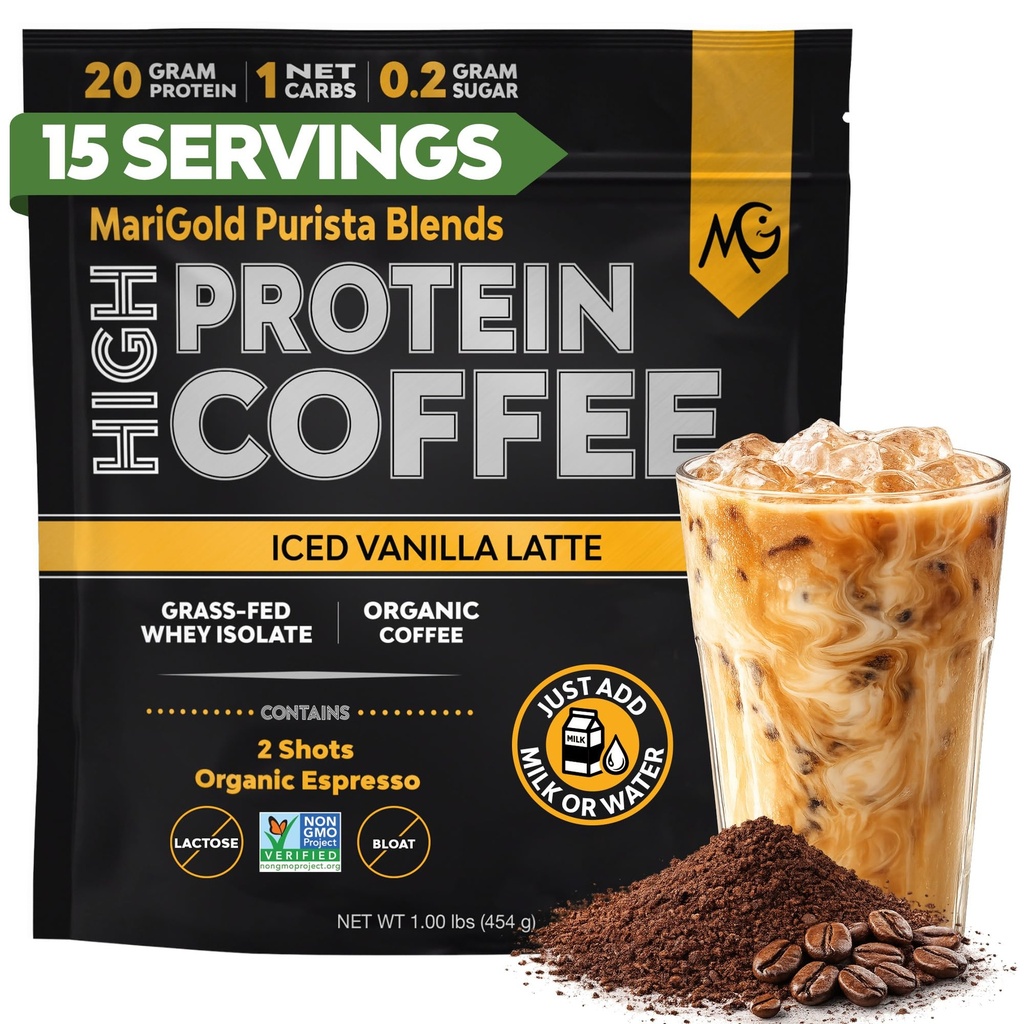 MariGold High Protein Coffee - Iced Vanilla Latte, 20g Grass-Fed Whey Protein Isolate, Energy & Processout Boost, 2 Shots Organic Espresso, Non-GMO, 1 Net Carb, 1 Lb Bag, 15 Services