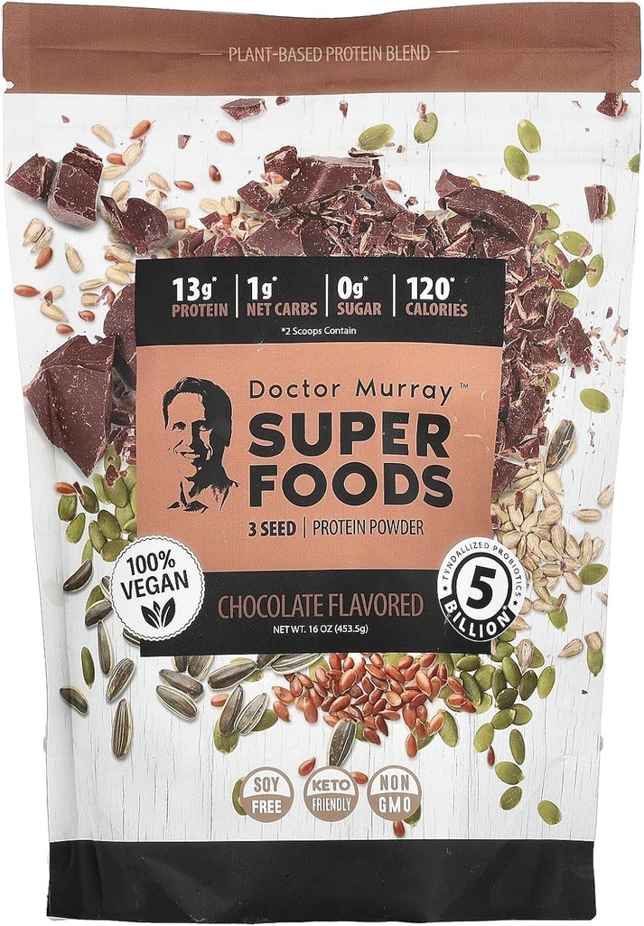 Dr. Murray's Super Foods, 3 Σπόροι σε σκόνη πρωτεΐνης, κολοκύθα + λινάρι + ηλιοτρόπιο, σοκολάτα, 16 oz (453,5 g)