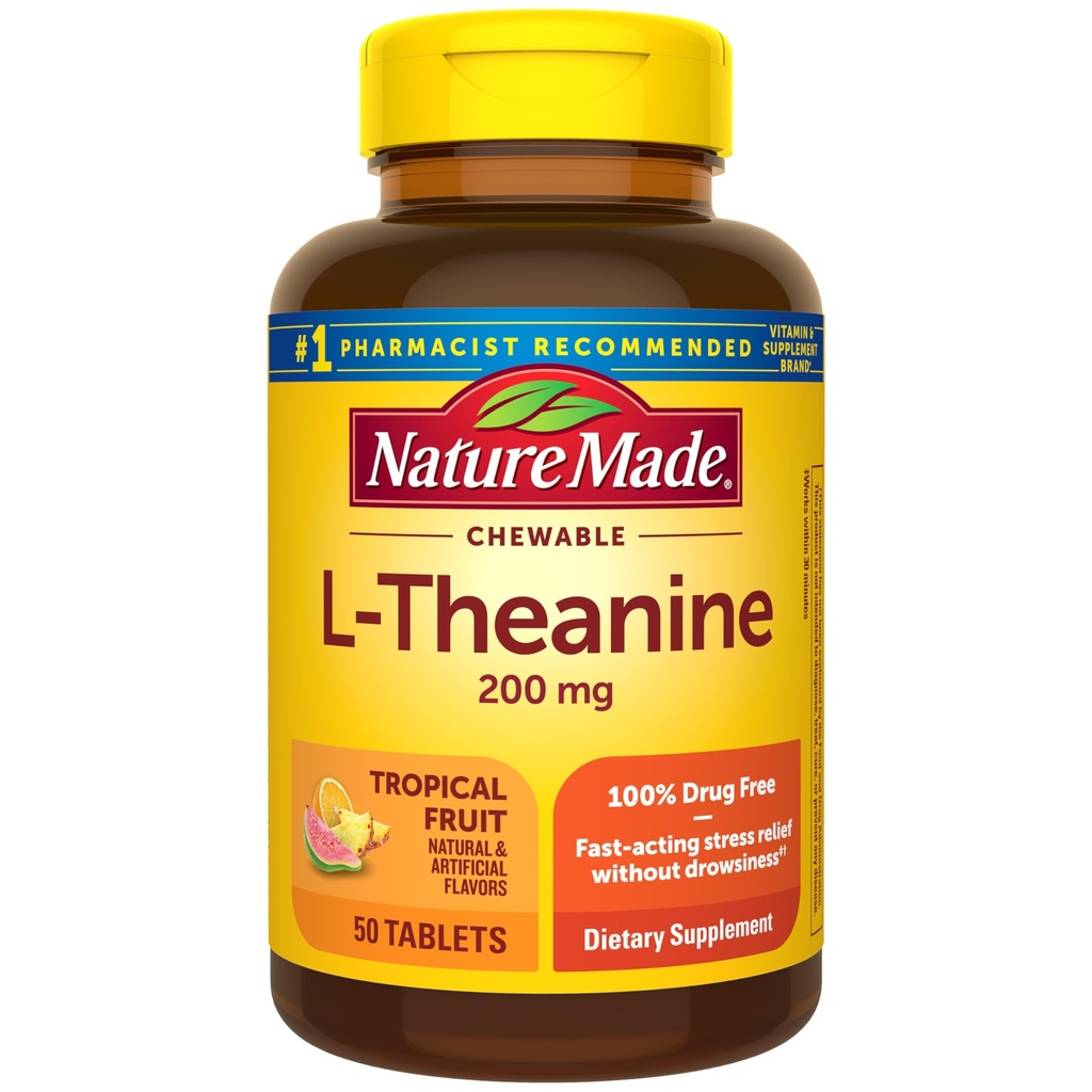 Nature Made Chewable L Theanine 200 mg, L-Theanine Supplement for Stress Relief, 50 Chewable Tabletler, 50 Day Supply