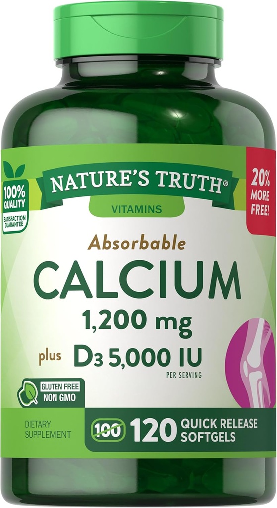 Nature's Truth Calcium 1200 mg Plus Vitamin D3 5000 IU Συμπληρώματα, 120 Count (Pack of 3)