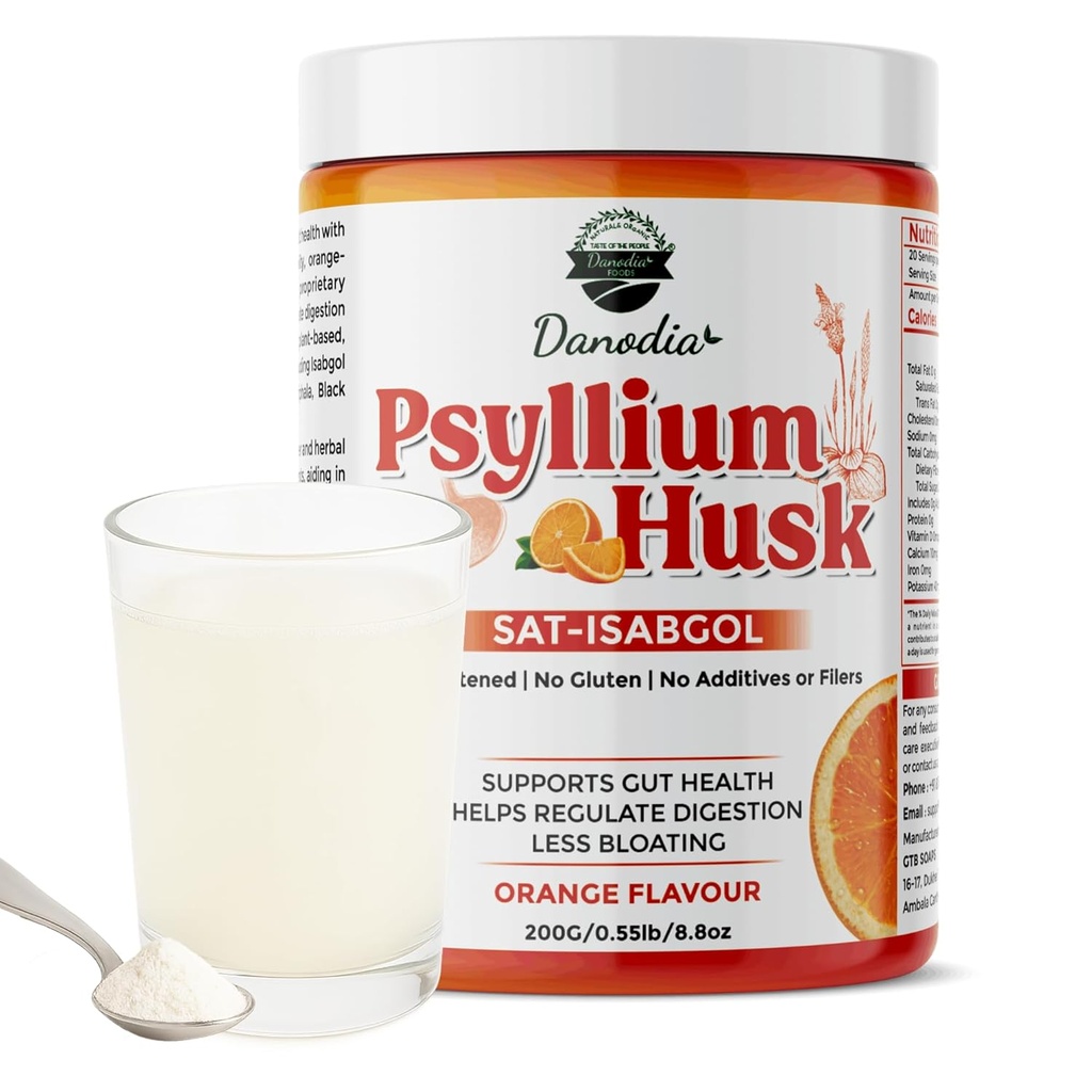 Danodia Gıdaları Organik Psyllium Husk Toz Mild Orange Flavor, 200g (8.8oz) | Sat-Isabgol 5 eklendi Herbs | Unsweetened, Gluten-Free, Natural Fiber Supplement for Digestive Health