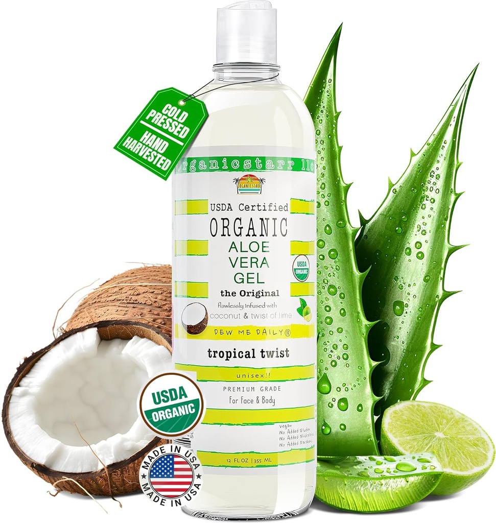 USDA sertifikalı Organik Aloe Vera Gel 12 oz -% 100 Pure, Cold Pressed, Hand Harvested, Infüzyon, Lime & Verbena Essential Oils, Chemical-Free - Skin & Hair Care, Made in USA