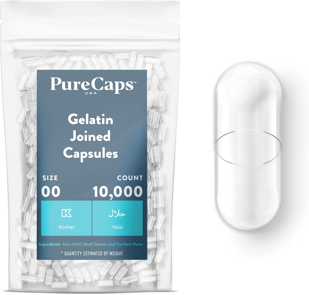 PureCaps USA - Boş Gelatin Capsules Boyutu 00| 10.000 Joined Pills| Clear| Non-GMO sertifikalı | SLS, Gluten, Preservative Free Free Free