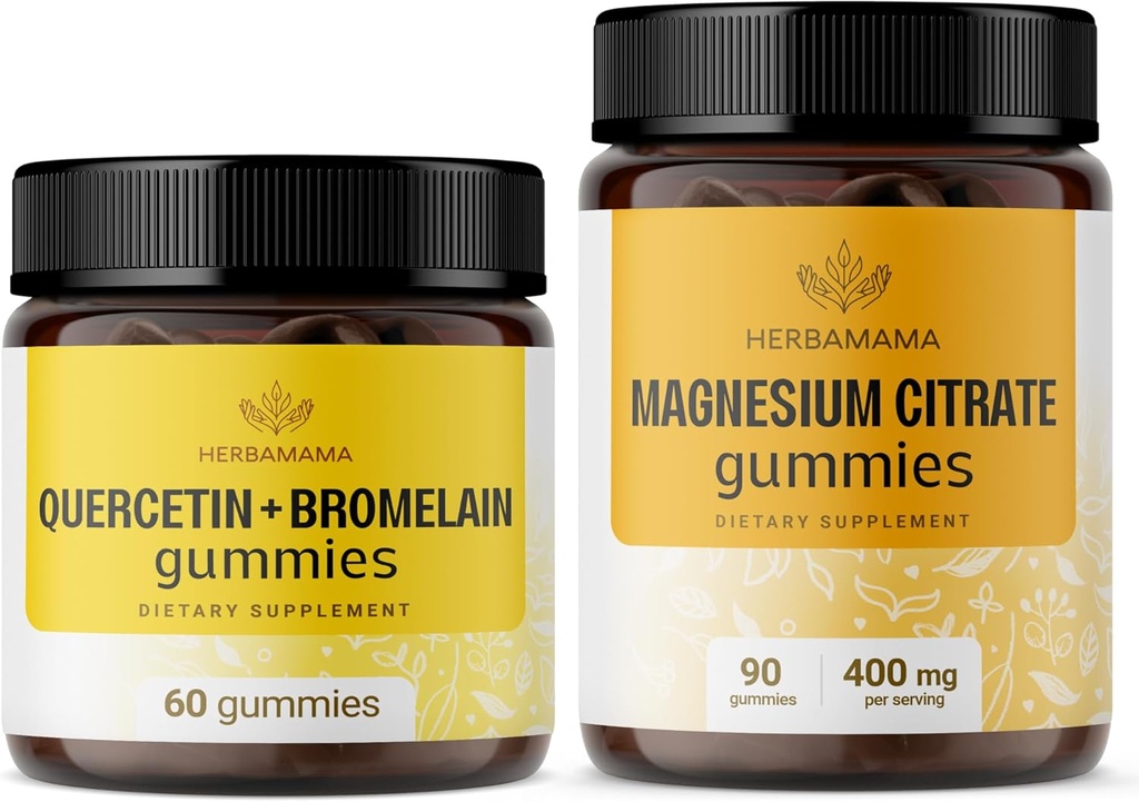 HERBAMAMA Quercetin ve Gummies Kit - Bromelain ve 400 mg Magnezyum Citrate Gummies - Vegan, Non-GMO, Gelatin-Free - 2 Pack